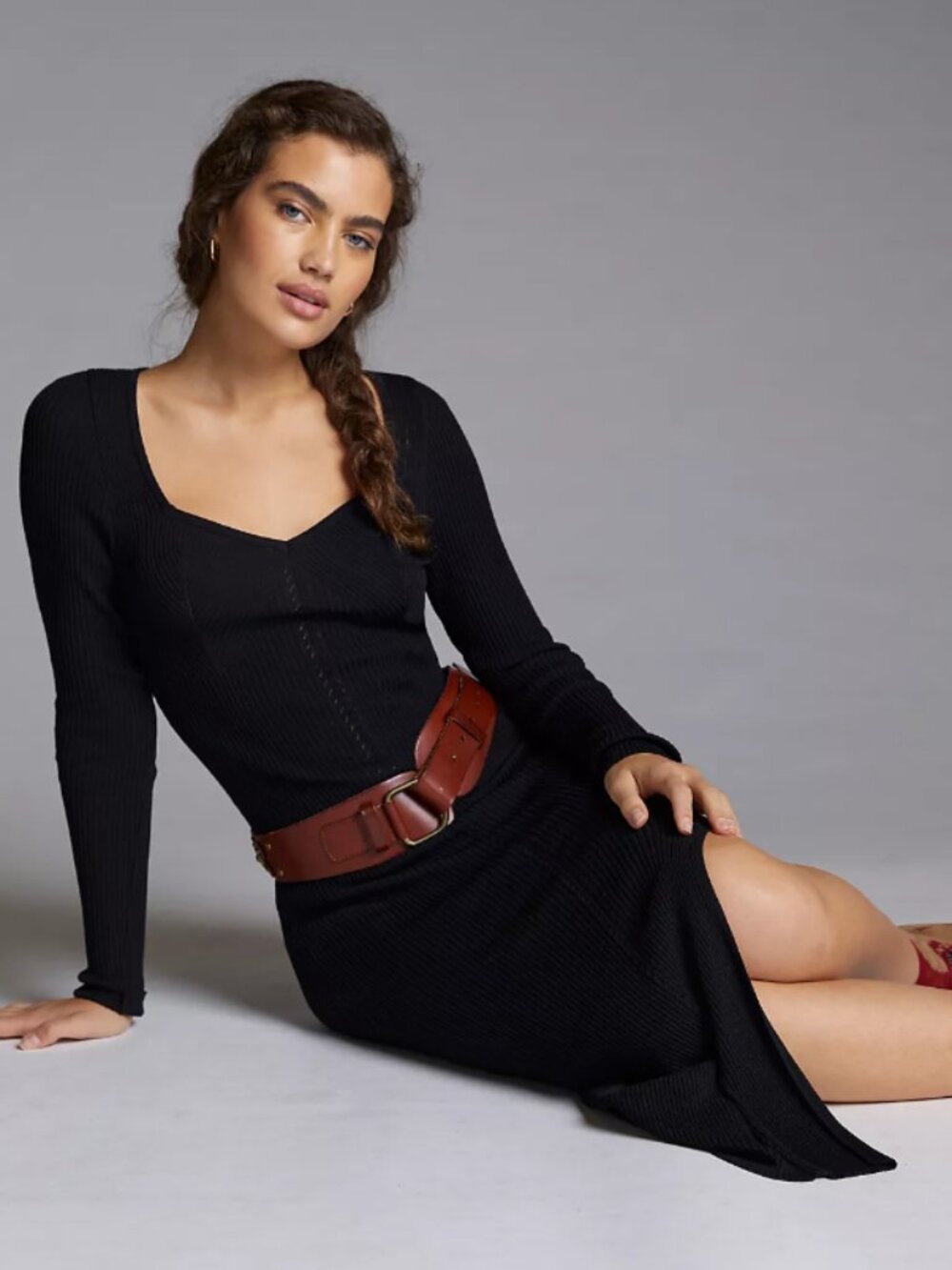 BY ANTHROPOLOGIE Black Seamed Knit Ribbed Maxi Dress Dark Feminine Whimsigoth XS